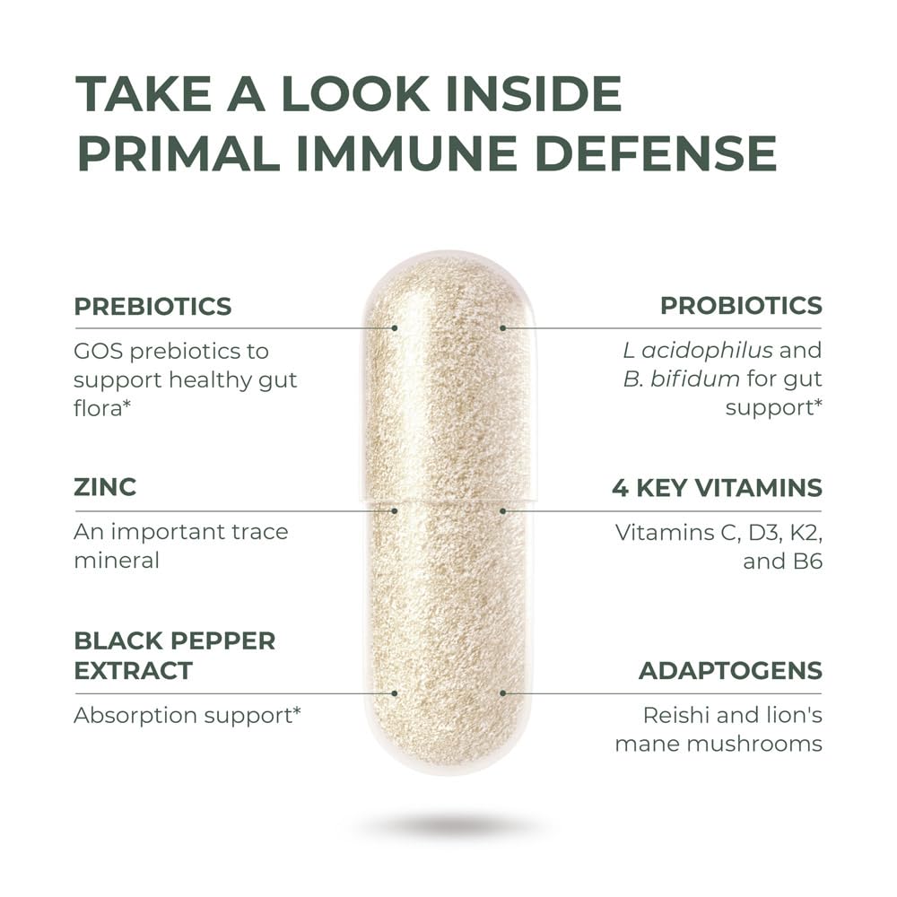 Primal Harvest Primal Immune Defense 10-in-1 Immune Defense Supplement: with 7 Billion CFU Probiotics, Zinc, Vitamins C, B6, D3, K2 - Immune Boosters for Adults 60 Capsules (1 Pack)