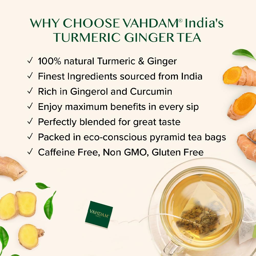 VAHDAM, Turmeric Ginger Herbal Tea Bags (100 Pyramid Tea Bags) Caffeine Free, Non GMO, Gluten Free | 100% Pure Herbal Blend - Savory & Spicy | Plant-Based Tea Bags | Resealable Ziplock Pouch