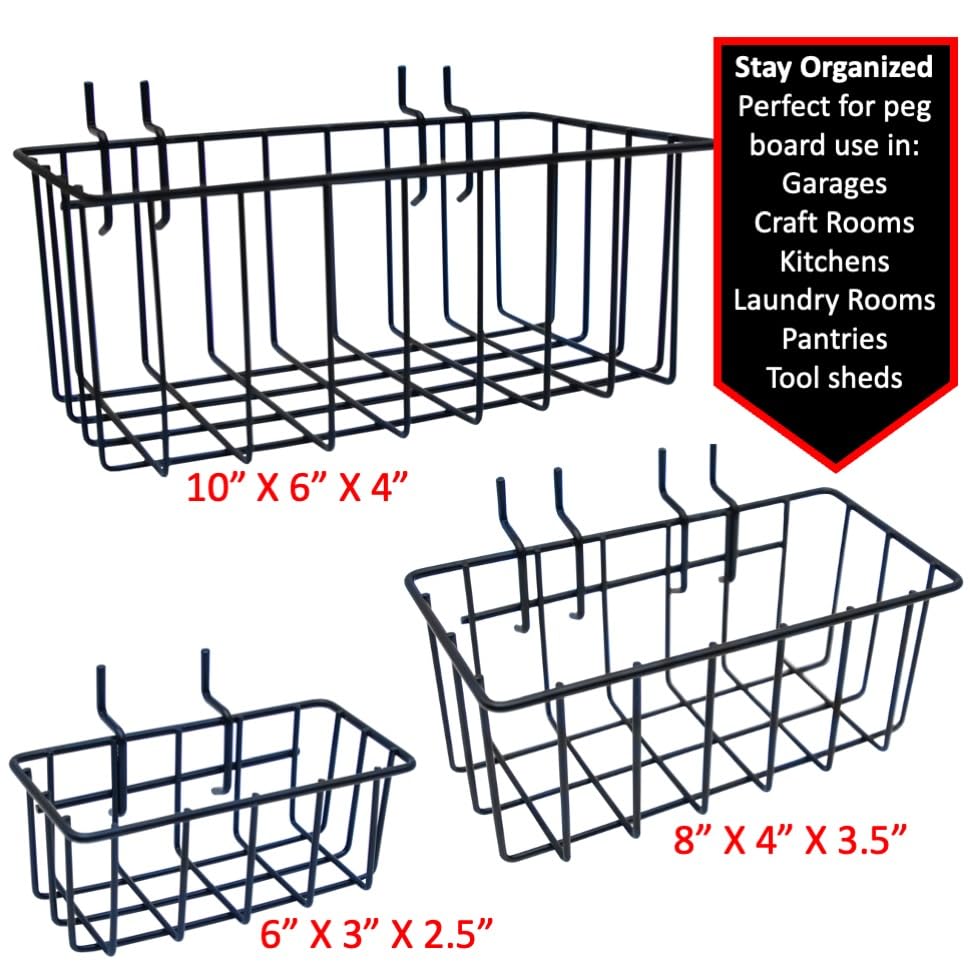 Heavy Duty Peg Board Hook Baskets for ¼ Pegboard Holes, Set of 3 Black Wire Baskets, Extra Thick Metal Fit Snugly in Pegboards with ¼ Inch Holes, ¼” Peg Board Organizer Accessories for Tools and More