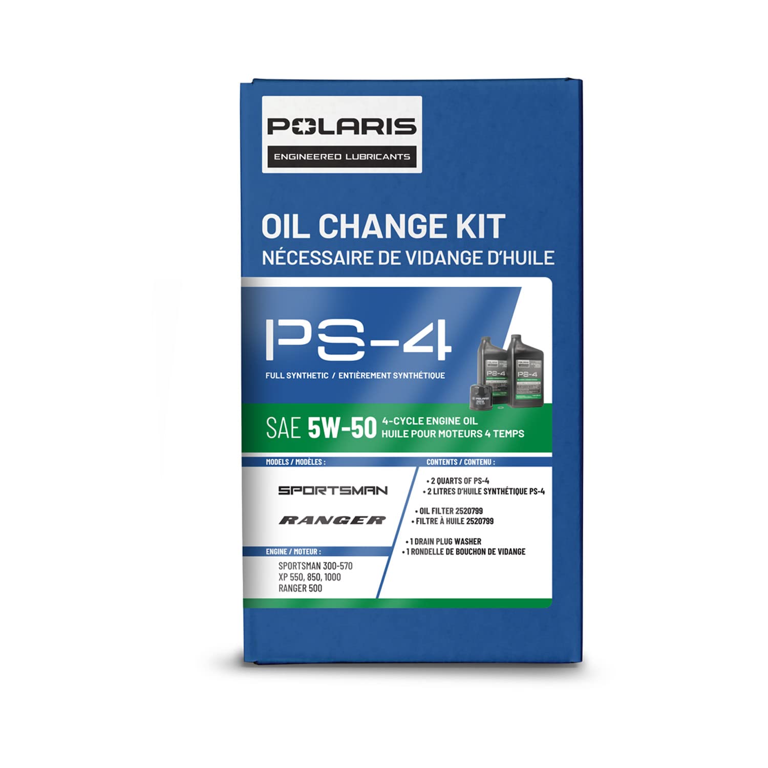 Polaris PS4 Oil Change Kit for Specific RANGER, Sportsman, Scrambler, ACE 500 Models With 4 Stroke Engine, Includes 2 Quarts of PS-4 5W-50 Full Synthetic Oil, 1 Oil Filter, 1 Washer, UTV ATV - 2877473