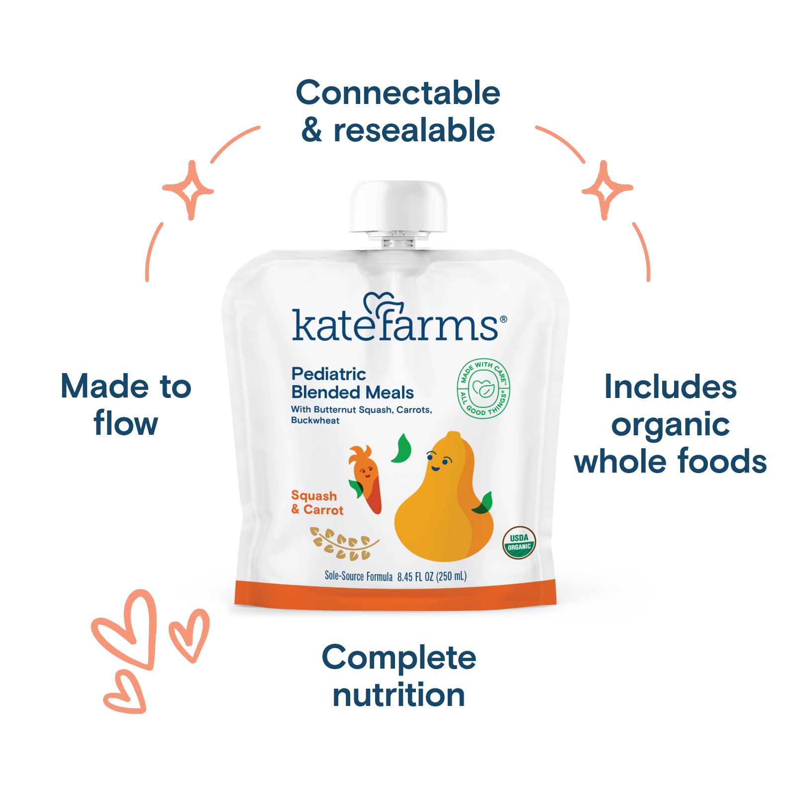 KATE FARMS Organic Pediatric Blended Meal, Squash and Carrot, 8g protein, organic whole foods, oral or tube feed nutrition, Gluten Free, Non-GMO, 8.45 oz (12 Pack)