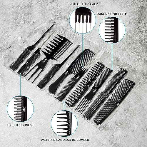 KISS Colors & Care Carbon Fiber Rat Tail Comb For Hair Sectioning, Teasing, Style Prepping, Detangling, Grooming - Anti Static & Heat Resistant, Professional Quality Black