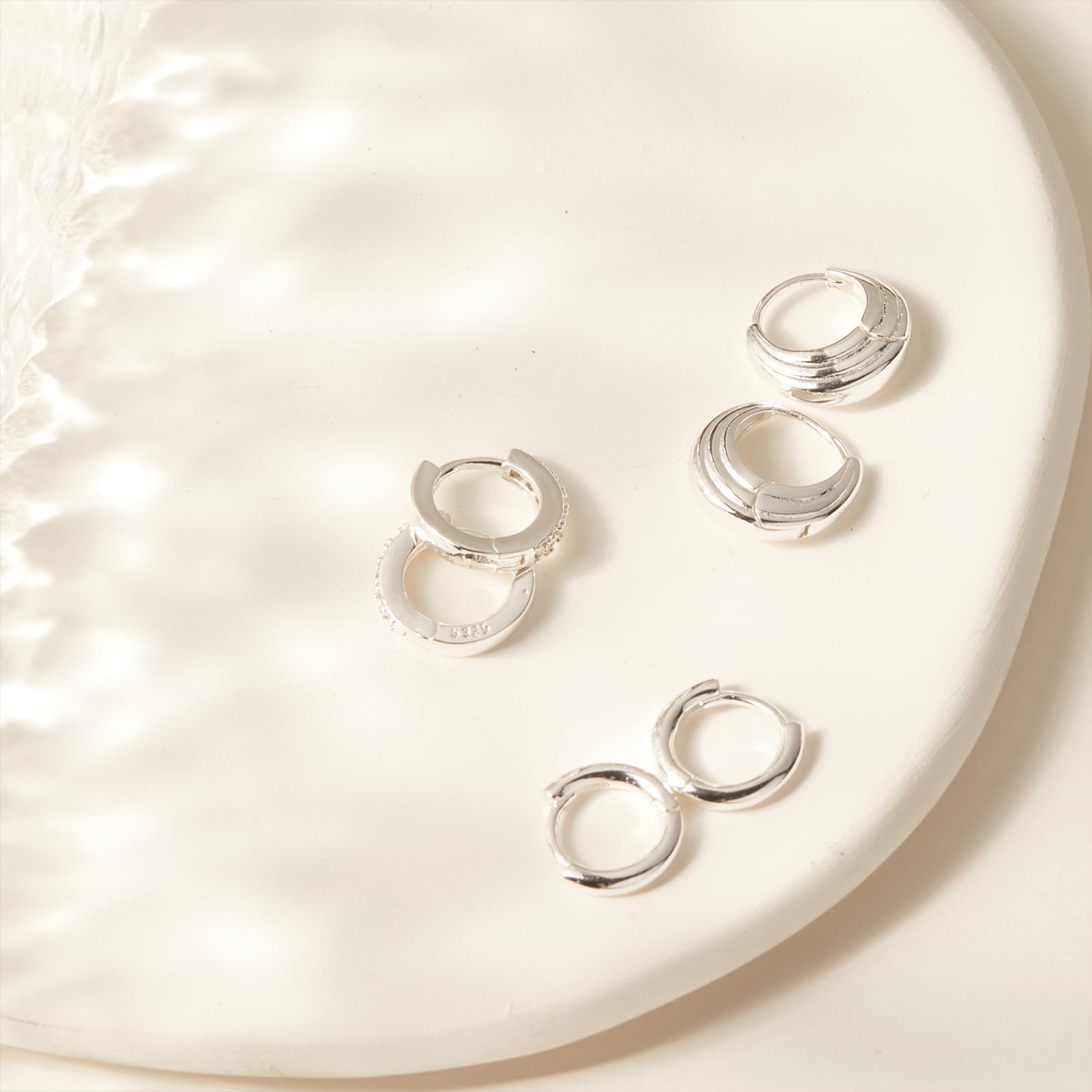 Poxtex Small Sterling Silver Hoop Huggie Earrings Set for Women, Small Chunky Cubic Zircon Earrings for Multiple Piercing Hypoallergenic Trendy Jewelry, Dainty Cartilage Earrings for Teen Girls Gifts 3 Pairs