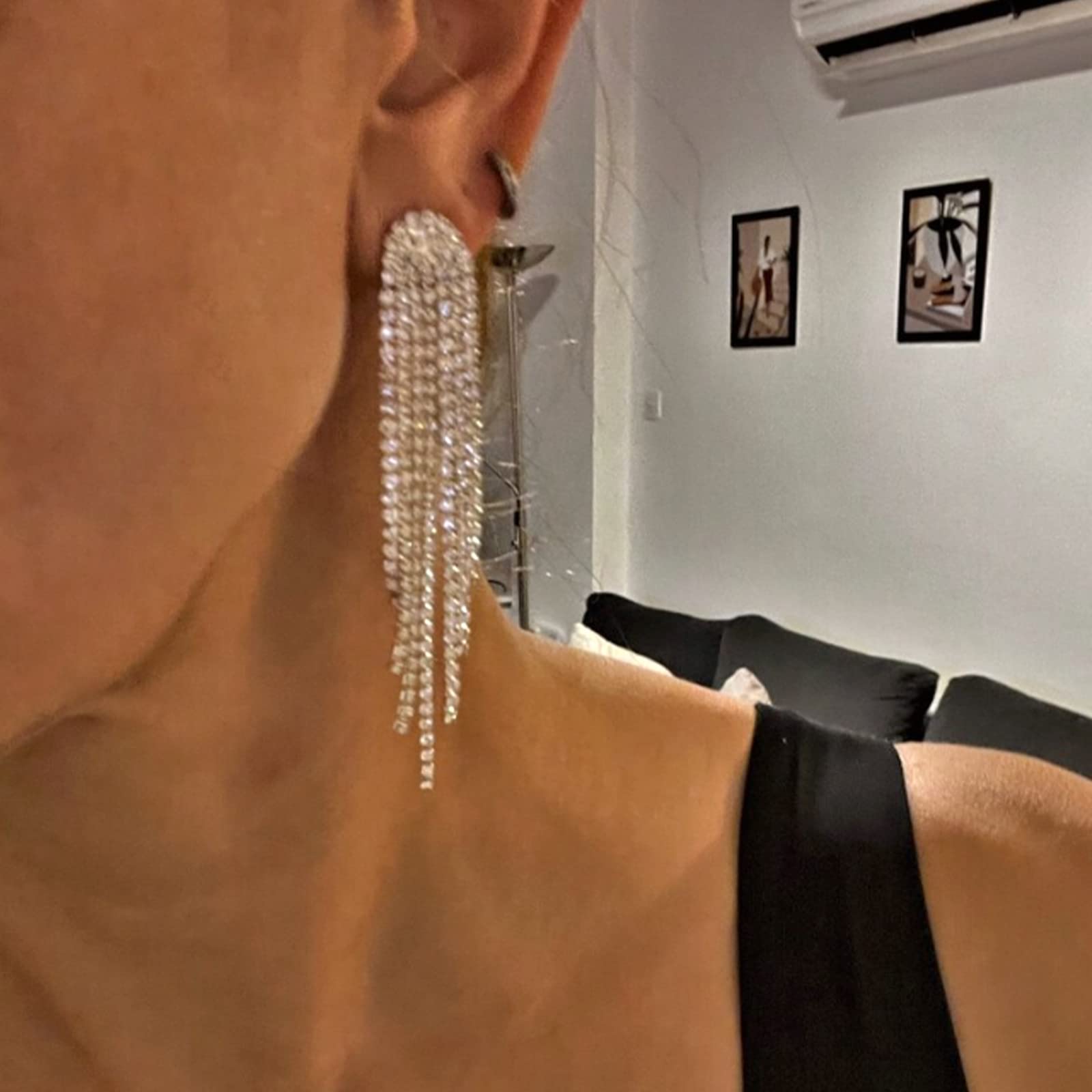 Luxval Rhinestone Earrings Dangling for Women Girls Long Chandelier Earrings Tassel Sparkly Silver Dangle Earrings Lightweight Ear Studs Cubic Zirconia Crystal Statement