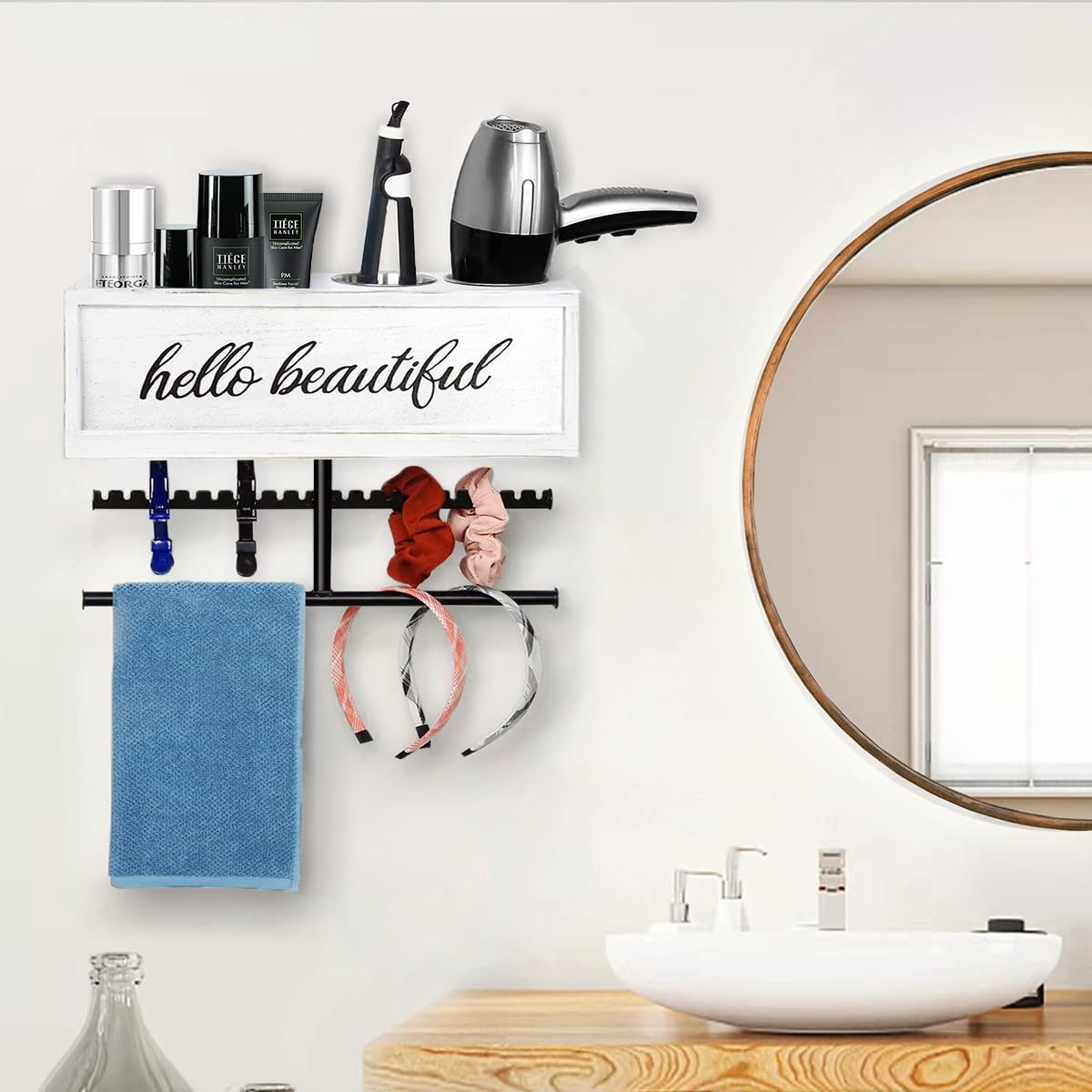 Rustic Hair Dryer Holder Wall Mounted,Hair Styling Tools & Accessories Organizer,Bathroom Supplies & hot Tools vanities Organizer Caddy,for Storage Flat Iron,Blow Dryer,Curling Iron (White)