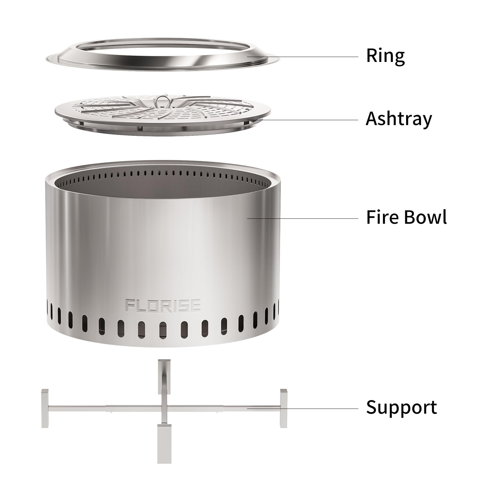 Florise 27 Inch Smokeless Fire Pit, Outdoor Portable Firepit with Waterproof Cover & Poker, Stainless Steel Wood Burning Fireplace for Outside,Patio, Camping, Bonfire, Silver