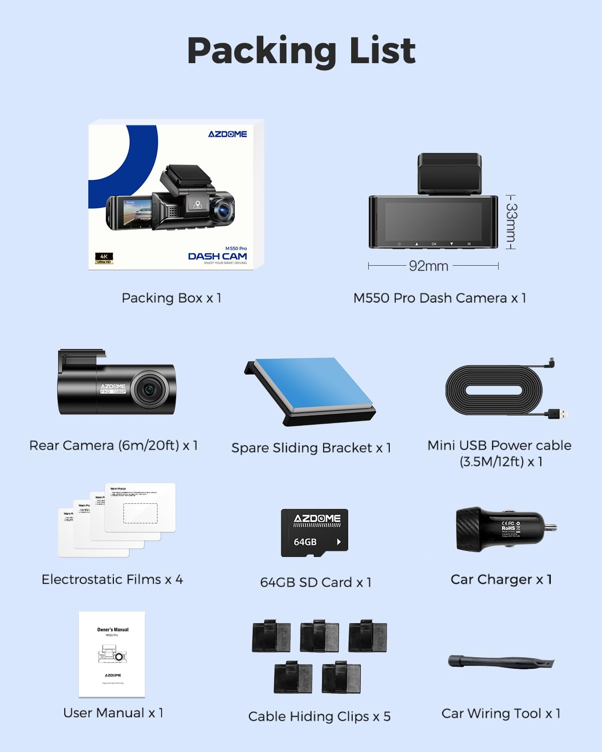 AZDOME M550 Pro 4K Dash Cam Front and Rear, Free 64GB Card, 5GHz Wi-Fi GPS Car Camera, 3.18'' IPS Screen Dashcam, APP Control 150° Wide Angle, WDR Night Vision, G-Sensor Parking Mode