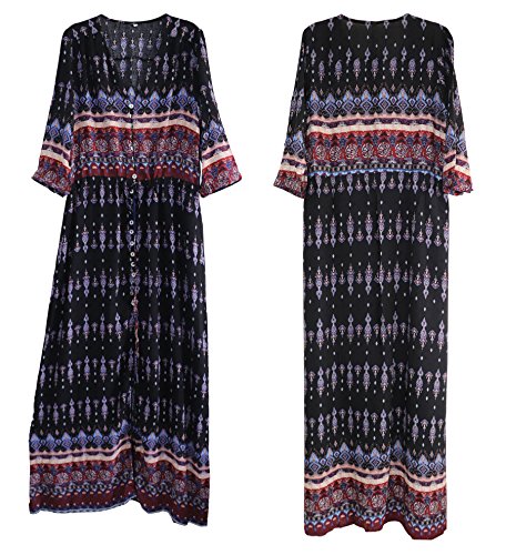 R.Vivimos Women's Summer Boho Button Up V Neck Floral Print Roll Up Causal Split Beach Midi Dresses (Small, Black)