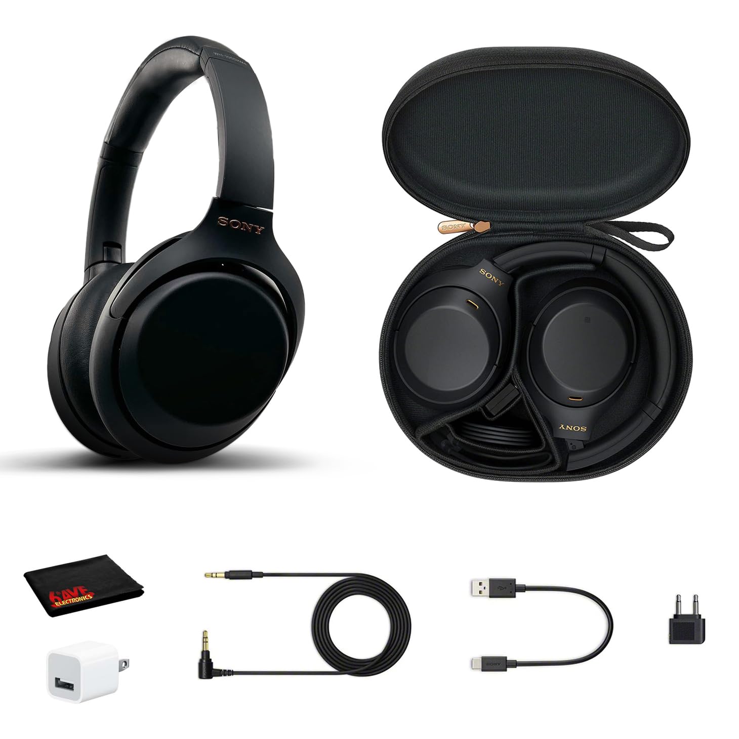 Sony WH-1000XM4 Wireless Noise Canceling Overhead Headphones with Mic for Phone-Call, Voice Control, Black, with USB Wall Adapter and Microfiber Cleaning Cloth - Bundle