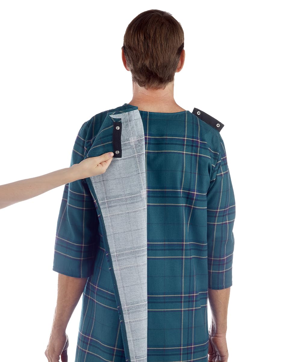 Men’s Open Back Adaptive Flannel Nightgown for Seniors - Back Snap Nightgowns With Dome Closure - Blue Buffalo MED
