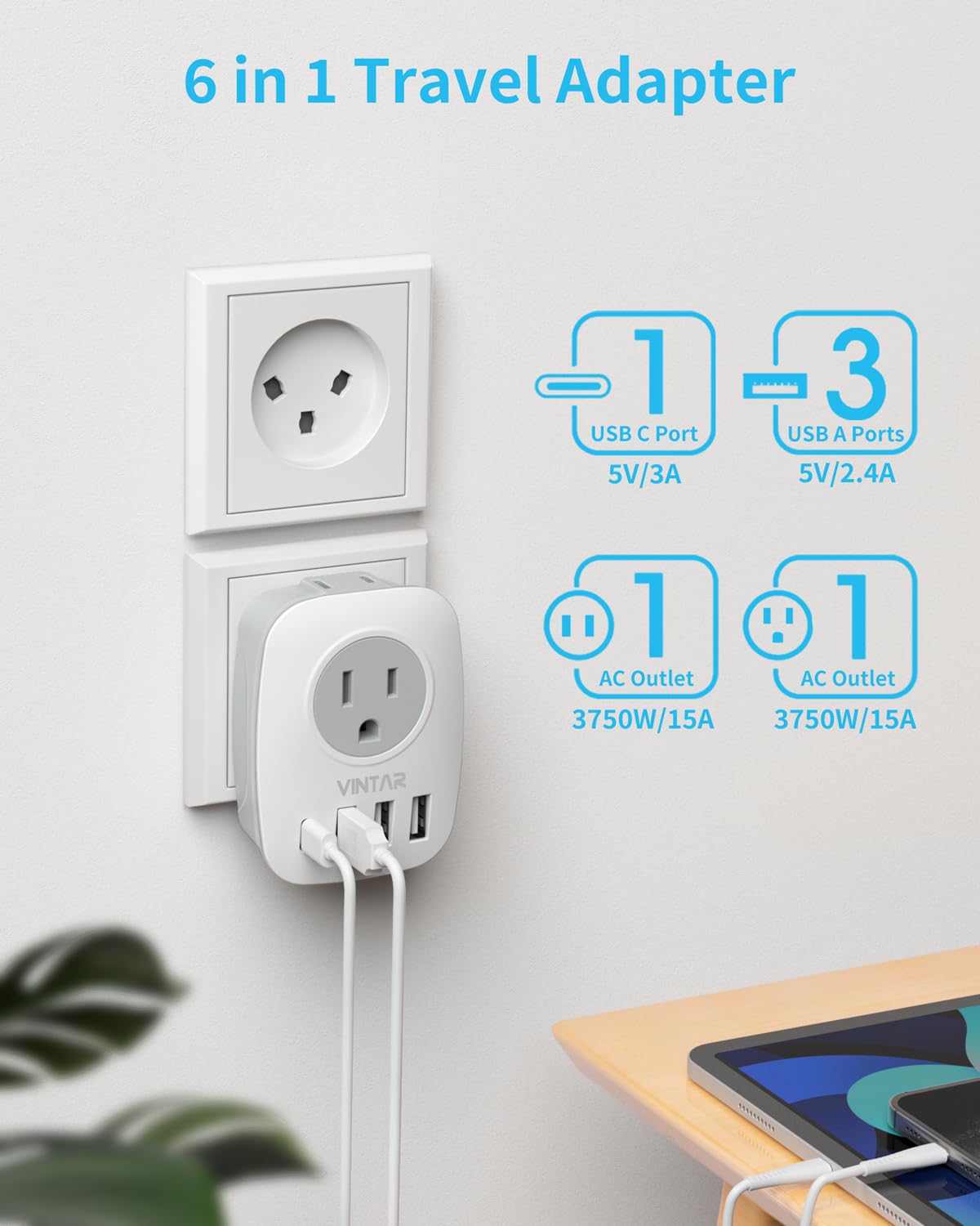 Israel Power Adapter, VINTAR Israel Plug Adapter with 1 USB C,3 USB Ports and 2 American Outlets,6 in 1 Type H Travel Adapter for US to Israel, Jerusalem, Palestine