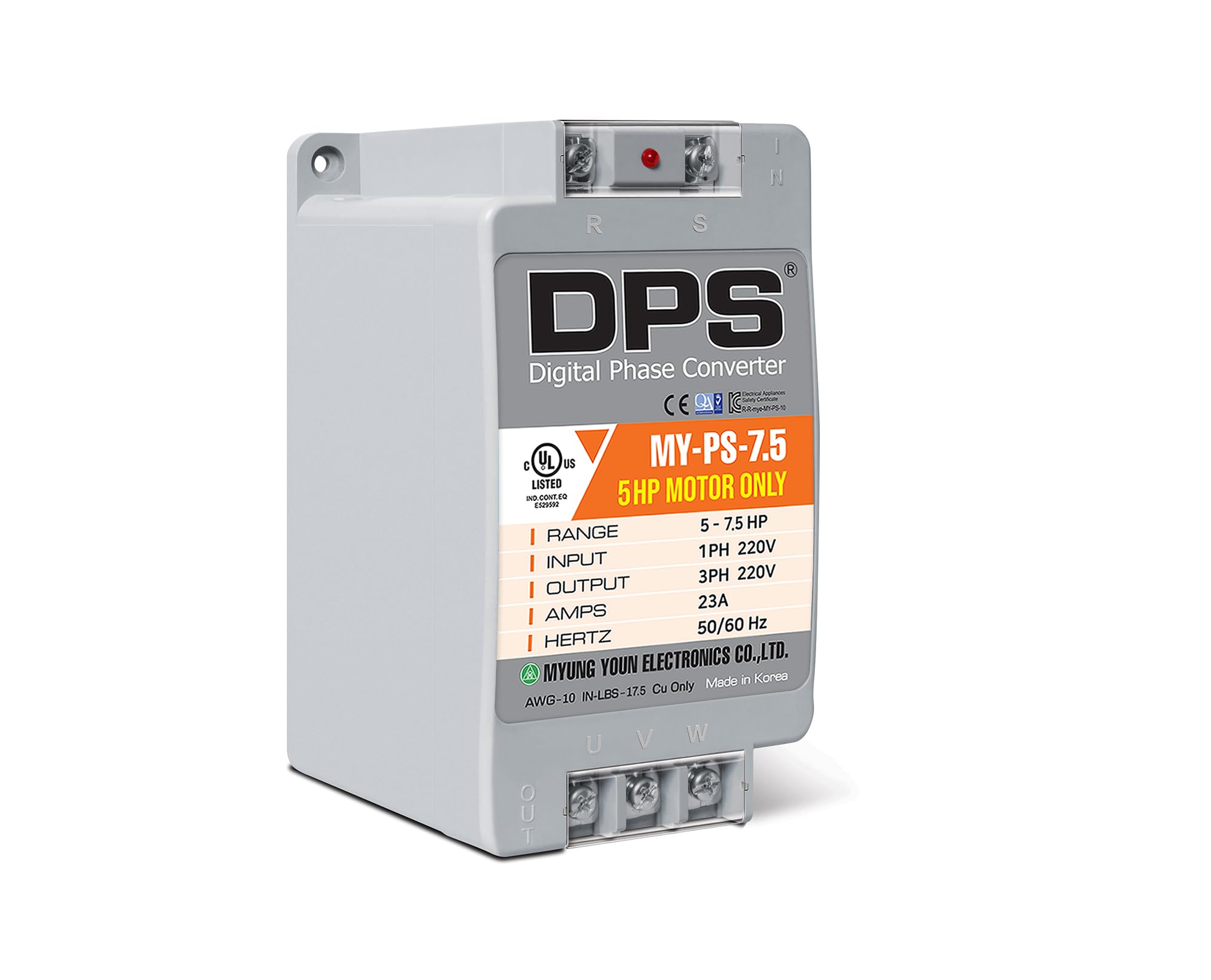 DPS Single-Phase to 3-Phase Converter, My-PS-7.5 Model Must Be Only Used on 5HP(3.7kW) 15 Amps 200-240V 3-Phase Motor, One Must Be Used on One Motor Only, Input/Output 200V-240V, Digital Type