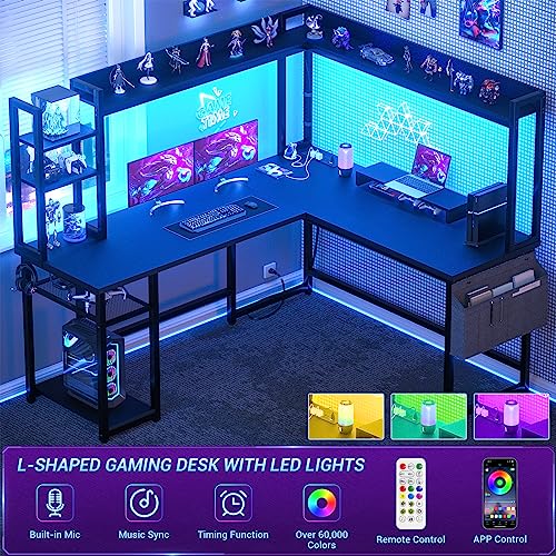 Aheaplus L Shaped Gaming Desk, Reversible L Shaped Desk with Power Outlet and Led Lights, Gaming Desk Corner Computer Desk with Hutch, Monitor Stand and Storage Bag for Home Office, Black