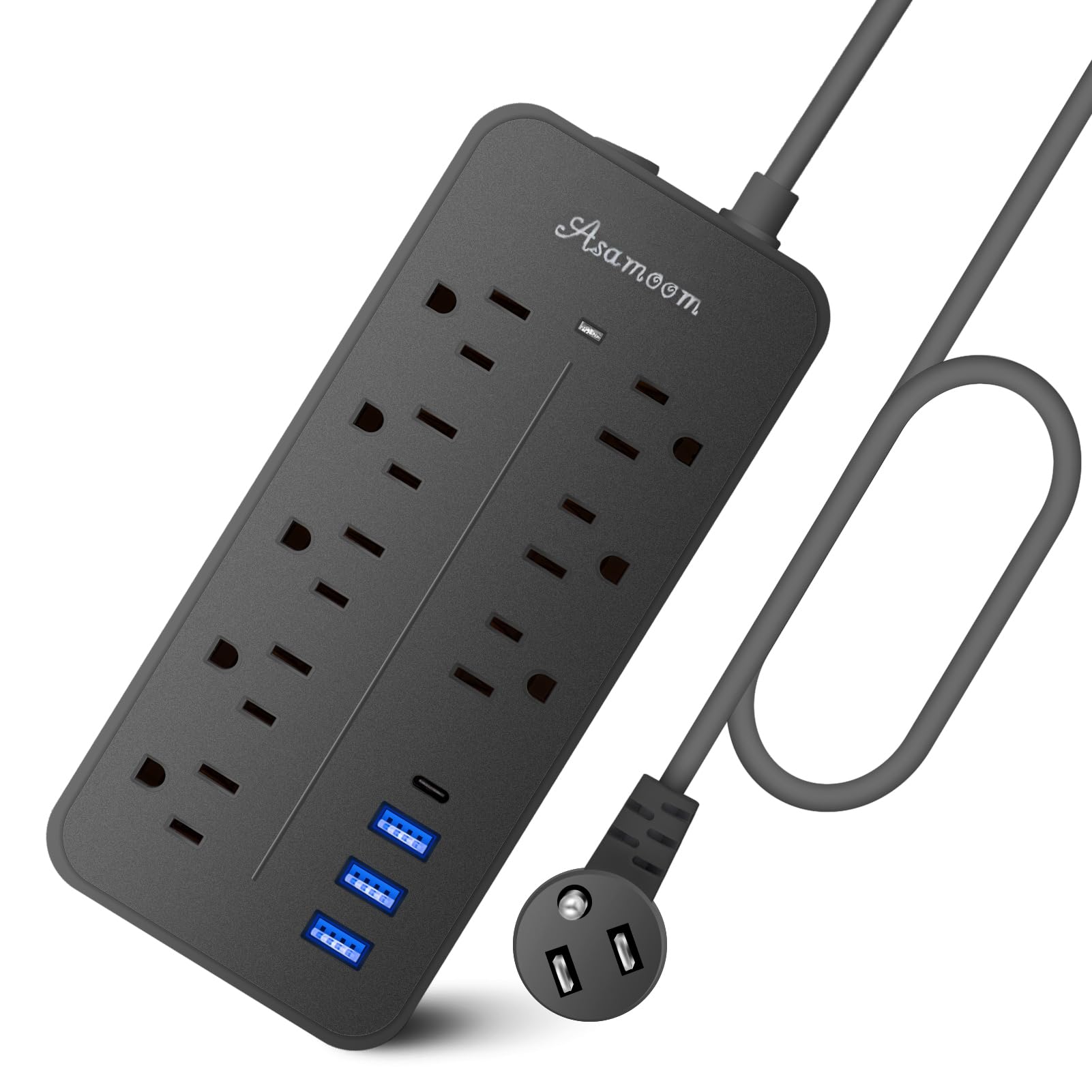 25FT Surge Protector Power Strip Extension Cord with USB C, Asamoom Flat Plug Power Strip with Long Cord, 8 Outlets and 3 USB A & 1 USB-C Port,1700J Wall Mount Desk Power Strip for Home Office Black