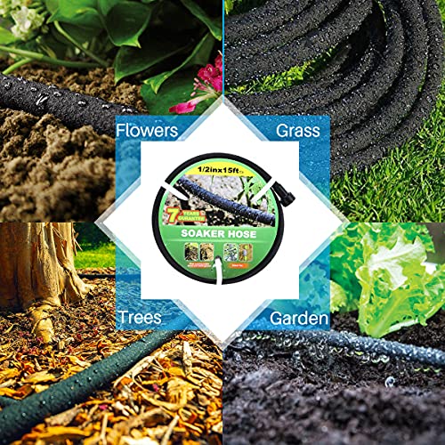 Taisia 1/2’’ Soaker Hose 15 FT Water Drip Garden Hose Drip Irrigation Hose Saves 70％Water Heavy Duty Rubber Round Soaker Hose for Garden, Lawn