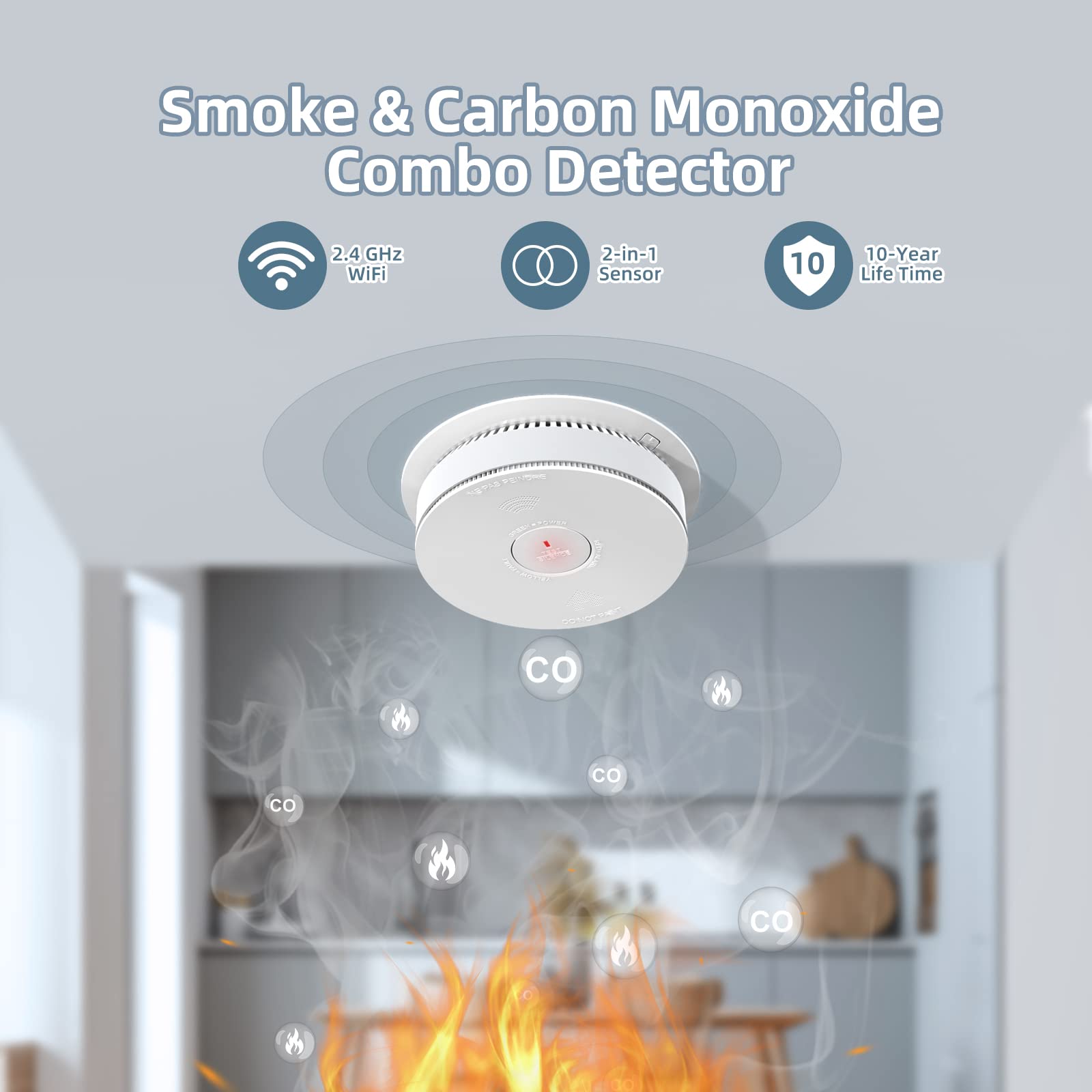 SITERWELL WiFi Smoke Detector, Smart Smoke and Carbon Monoxide Detector with Auto-Check, 2.4G WiFi Smoke Detector and Carbon Monoxide Detector Combo Conforms to UL 217 & UL 2034 Standards, 1 Pack