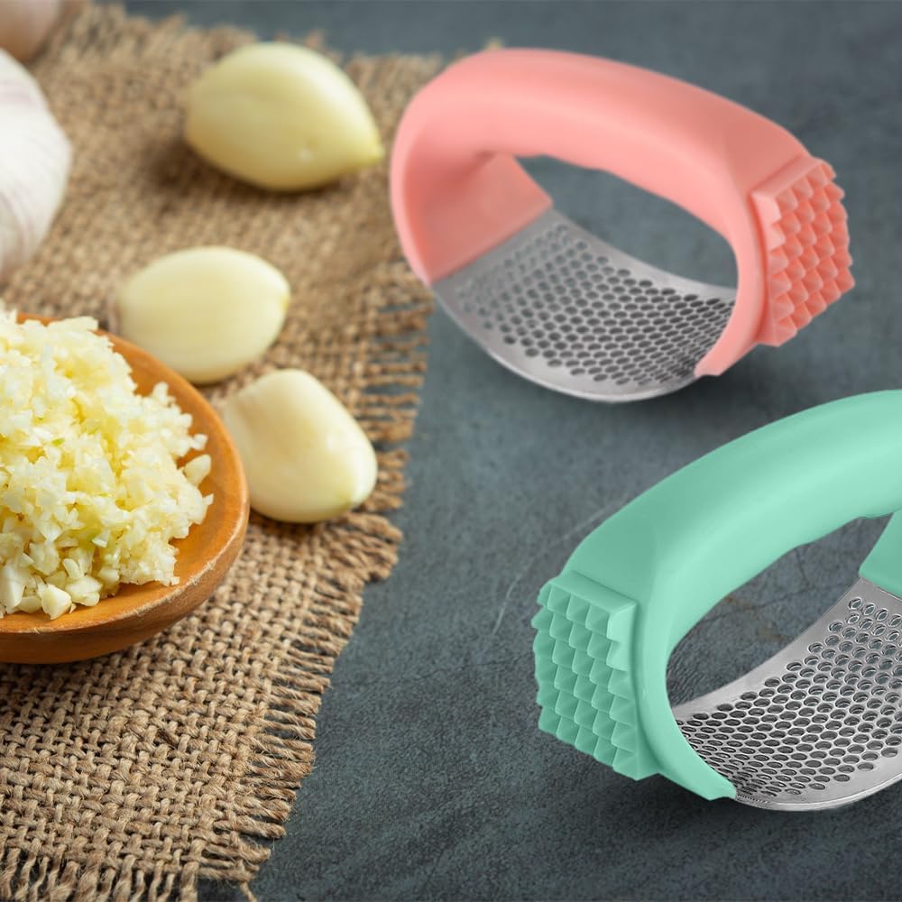 2025 New Upgraded Garlic Press Rocker, Stainless Steel Garlic Press, Garlic Crusher with Peeler and Cleaning Brush, Garlic Chopper for Crush Garlic Kitchen Gadgets, Kitchen Tools (Black)