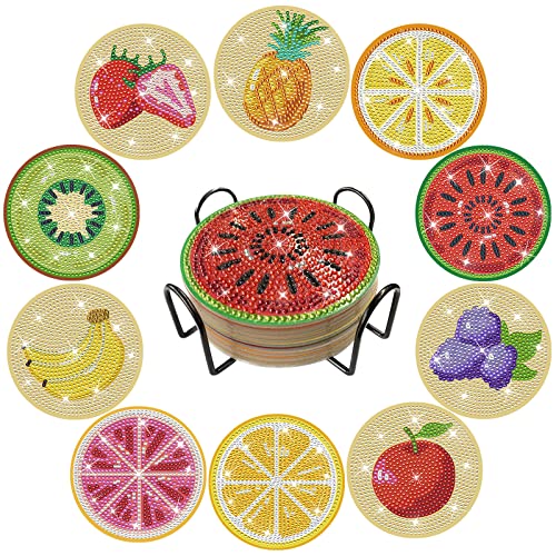 QUITEDEW 10 Pack Fruit Diamond Painting Coasters, DIY Diamond Art Kits for Adults, Diamond Art Coasters for Adult Beginner