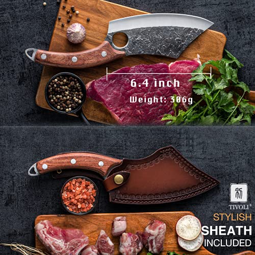 TIVOLI Meat Cleaver Knife, Hand Forged Full Tang Butcher knife for Meat Cutting, High Carbon Steel Viking Knife with Sheath for Kitchen Outdoor Camping BBQ Father's Day Christmas Gift Men Women