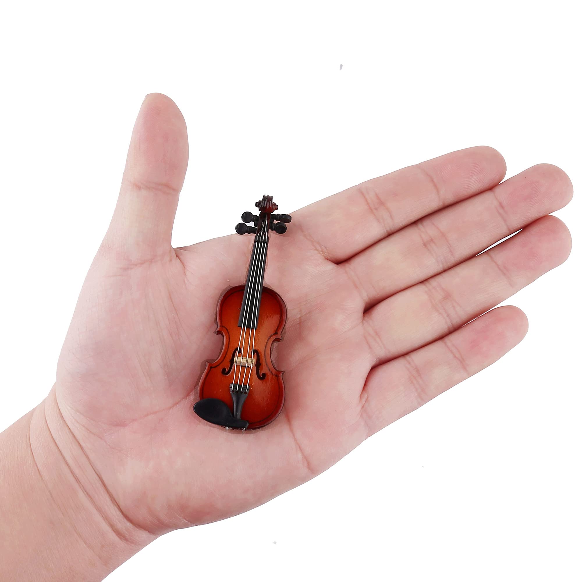 Dselvgvu Wooden Miniature Violin with Stand,Bow and Case Mini Musical Instrument Miniature Dollhouse Model Home Decoration (3.15"x1.18"x0.59")