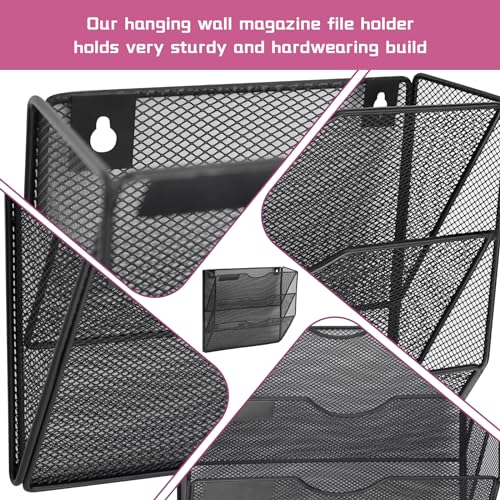 ideallife 1 Pocket Mesh Wall File Holder Organizer Office Hanging File Folder Magazine Rack, Nametag Label Hooks Set Included, Black