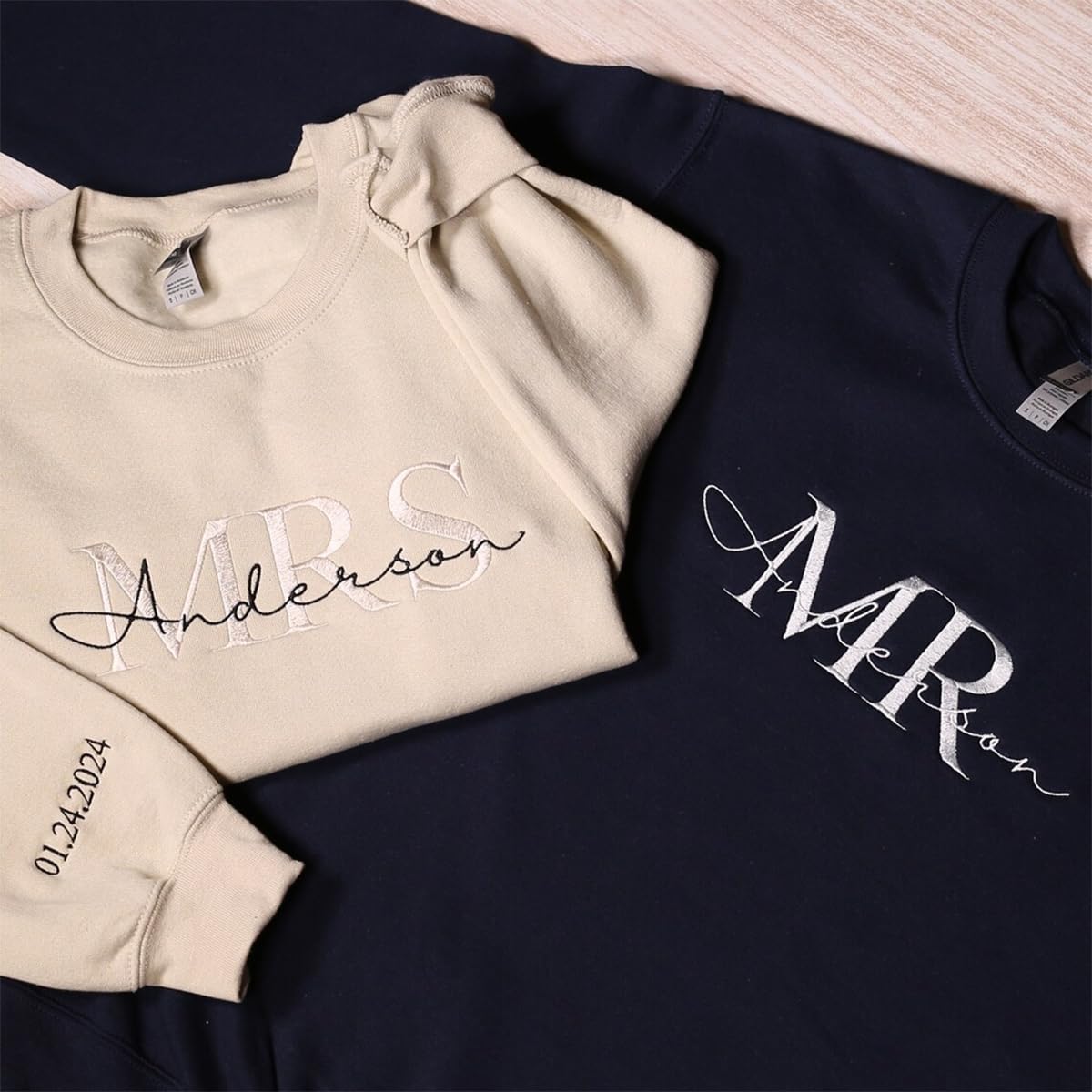 Personalized Mr and Mrs Embroidered Crewneck Sweatshirts with Dates on Sleeve, Personalized Husband and Wife Matching Shirt, Customized Honeymoon Matching Outfit, Custom Bride & Groom Gift