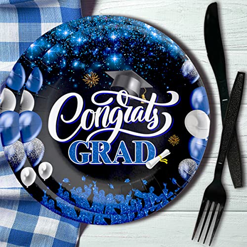 2024 Graduation Decorations-122Pcs Graduation Party Supplies Included Congrats Grad Backdrop,Graduation Banner, Balloons and Tableware(Blue)