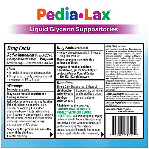 Pedia-Lax Laxative Liquid Glycerin Suppositories for Kids, Ages 2-5, 6 CT, 24 Pack