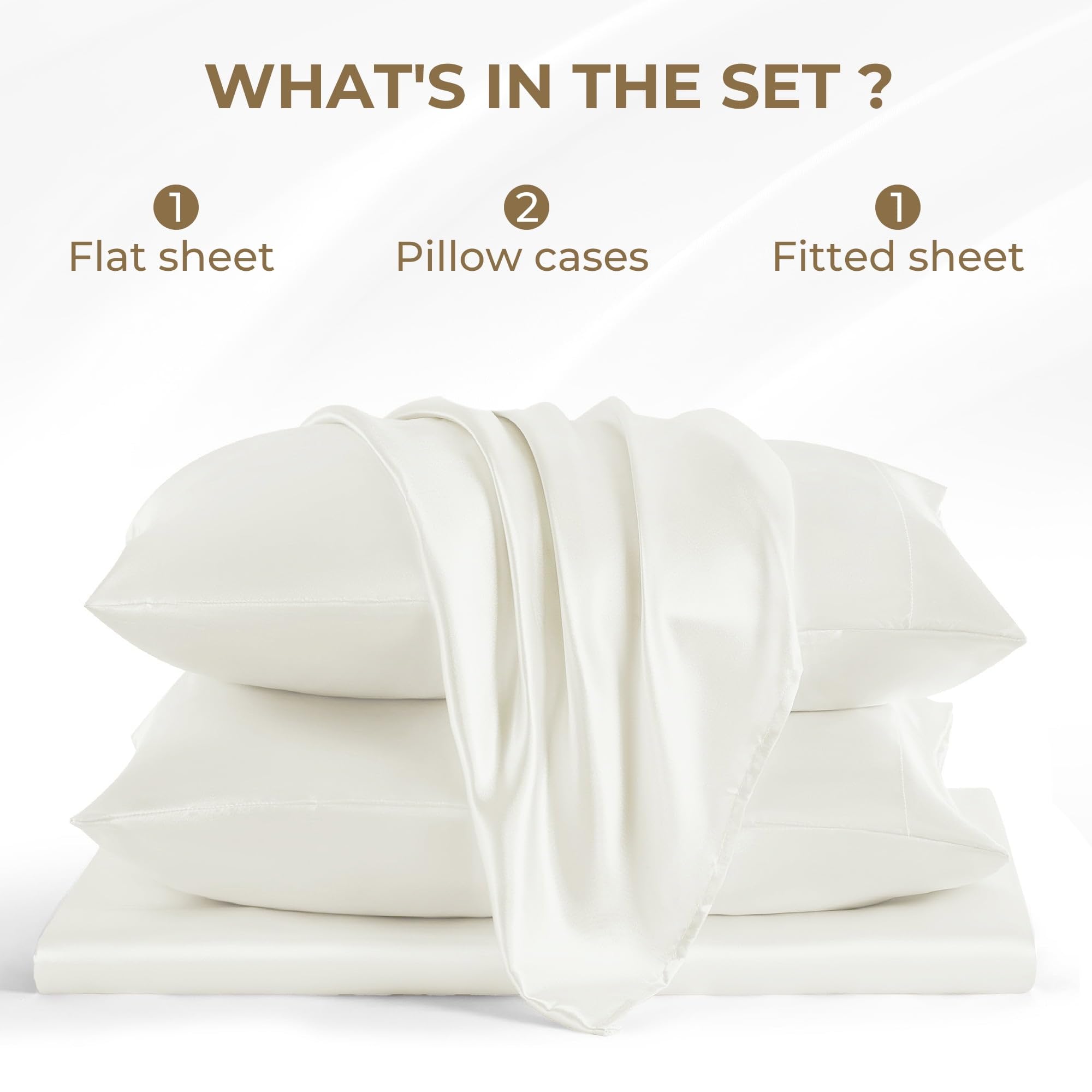 Seasonwood Satin Sheet Set Full Size Sheets Soft 1800 Microfiber 4 Pieces with 2 Pillowcase Ivory