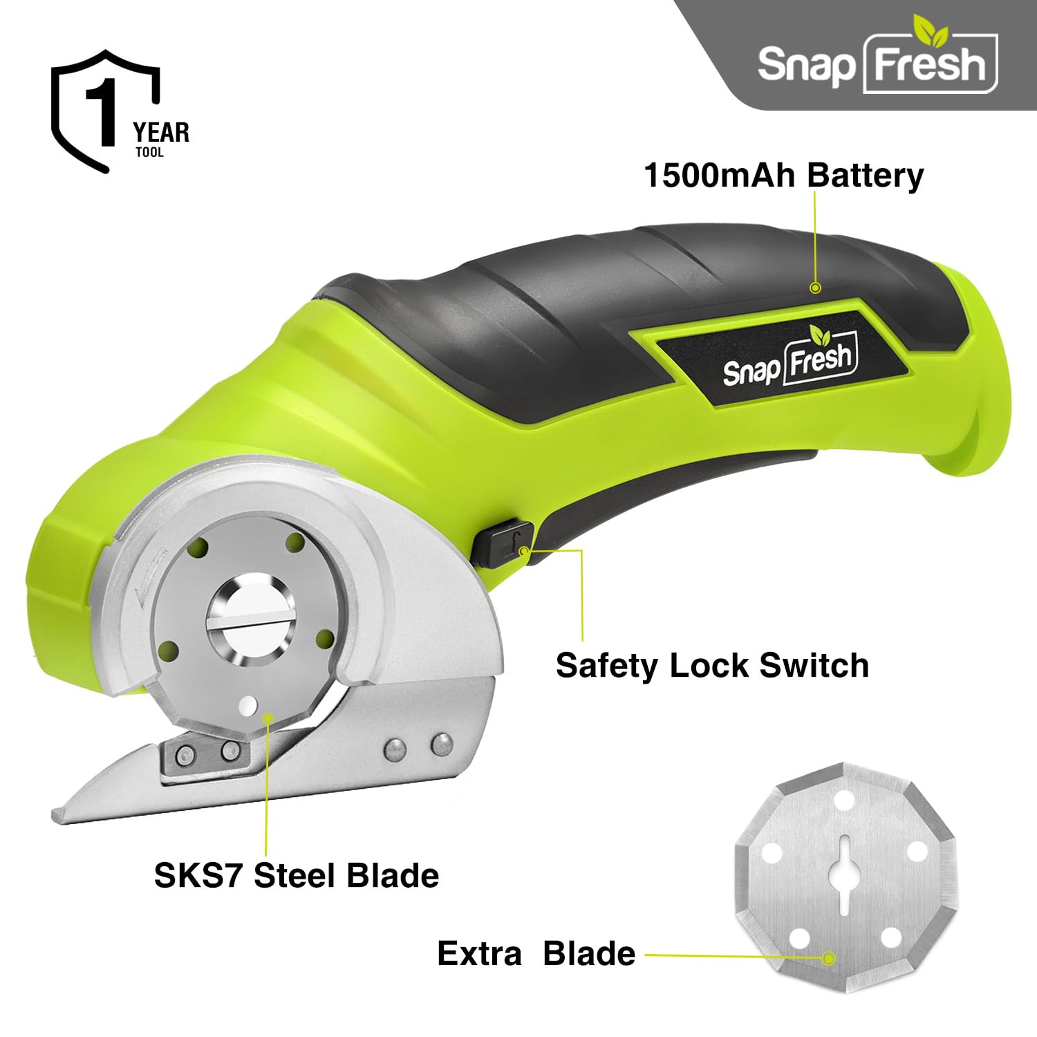 SnapFresh Cordless Electric Scissors, 4V Electric Mini Box Cutter, Carpet & Cardboard Cutter Tool with a Replacement Blade/Charger, Rotary Cutter for Cardboard Packages Leather Plastic （Green）