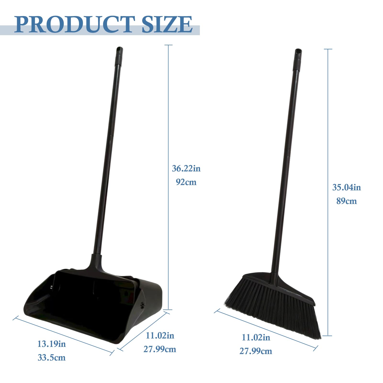 Primero Basics Broom and Dustpan Set with Long Handle and Wheels, Upright Standing Heavy Duty Large Dust Pan and Broom Combo for Indoor Outdoor, Kitchen, Garage, Restaurant Cleaning – Black