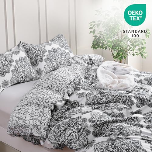 PHF Ultra Soft Boho Duvet Cover Twin Size, Printed Bedding Set 2 Pieces, Comfy Farmhouse Pattern Duvet Cover Set with 1 Pillow Shams, Zipper Closure and 6 Ties, 68"x90", Black & White