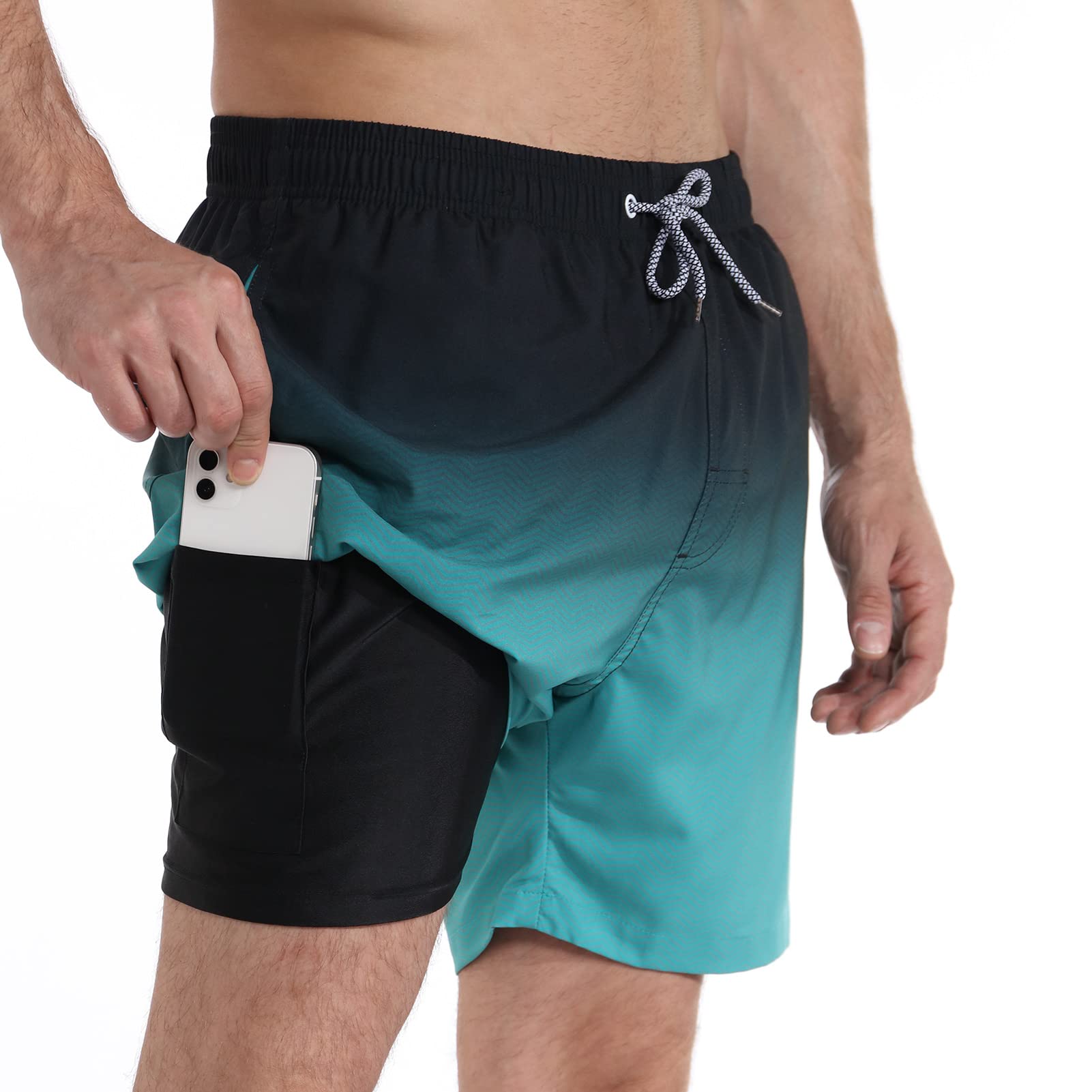 zeetoo Mens Swim Trunks with Compression Liner 5.5" Inseam Swim Shorts Quick Dry Shorts Gradient-Green M