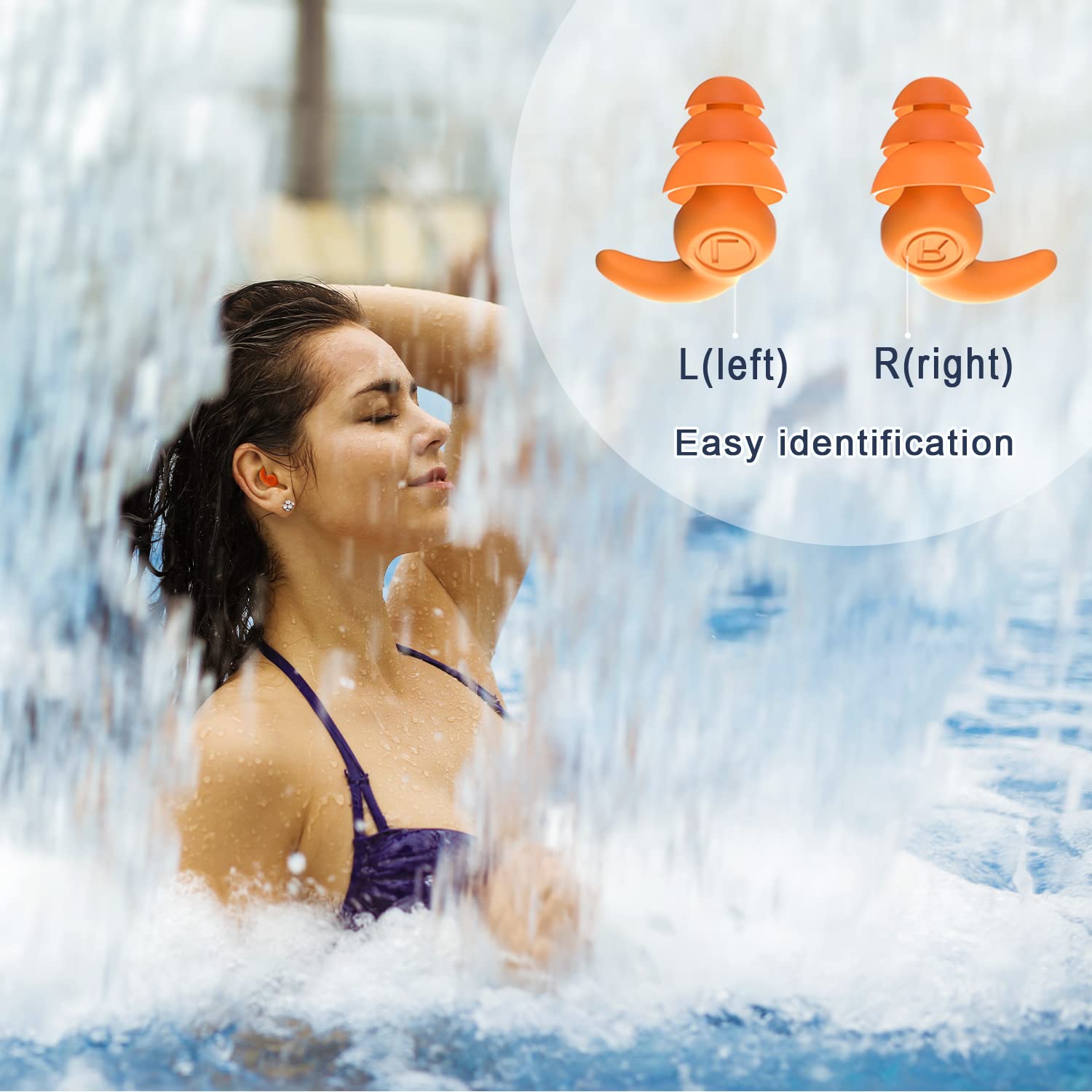 Waterproof Swimming Ear Plugs for Adults, 3 Pairs Reusable Silicone Swimmer Earplugs, Ear Protection for Showering Swimming Bathing Surfing and Other Water Sports