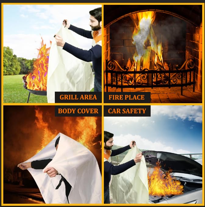 SKAMZ Emergency Fire Blanket for Home and Kitchen - XL Size - 2 Pack 47" x 47" W/Hooks - Welding Fireproof Blanket, Fire Blankets to Smother a Kitchen Fire, Fireplace, Grill, BBQ