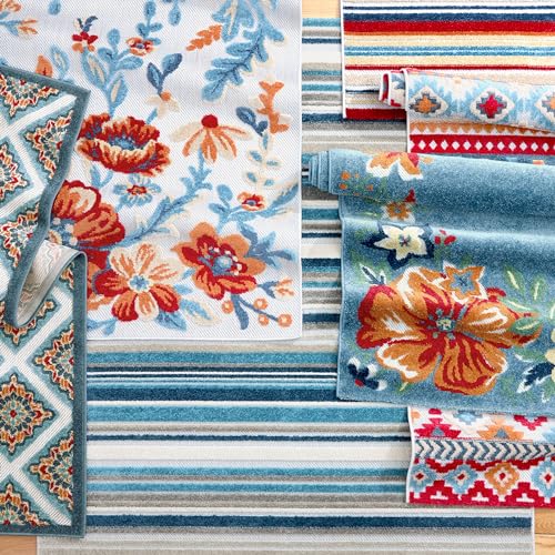 TOWN & COUNTRY EVERYDAY Hibiscus Bloom Border Modern Floral Indoor Outdoor Area Rug, UV Fade Resistant, High-Low Pile, Grey/Red/Blue, 3'11"x5'2"