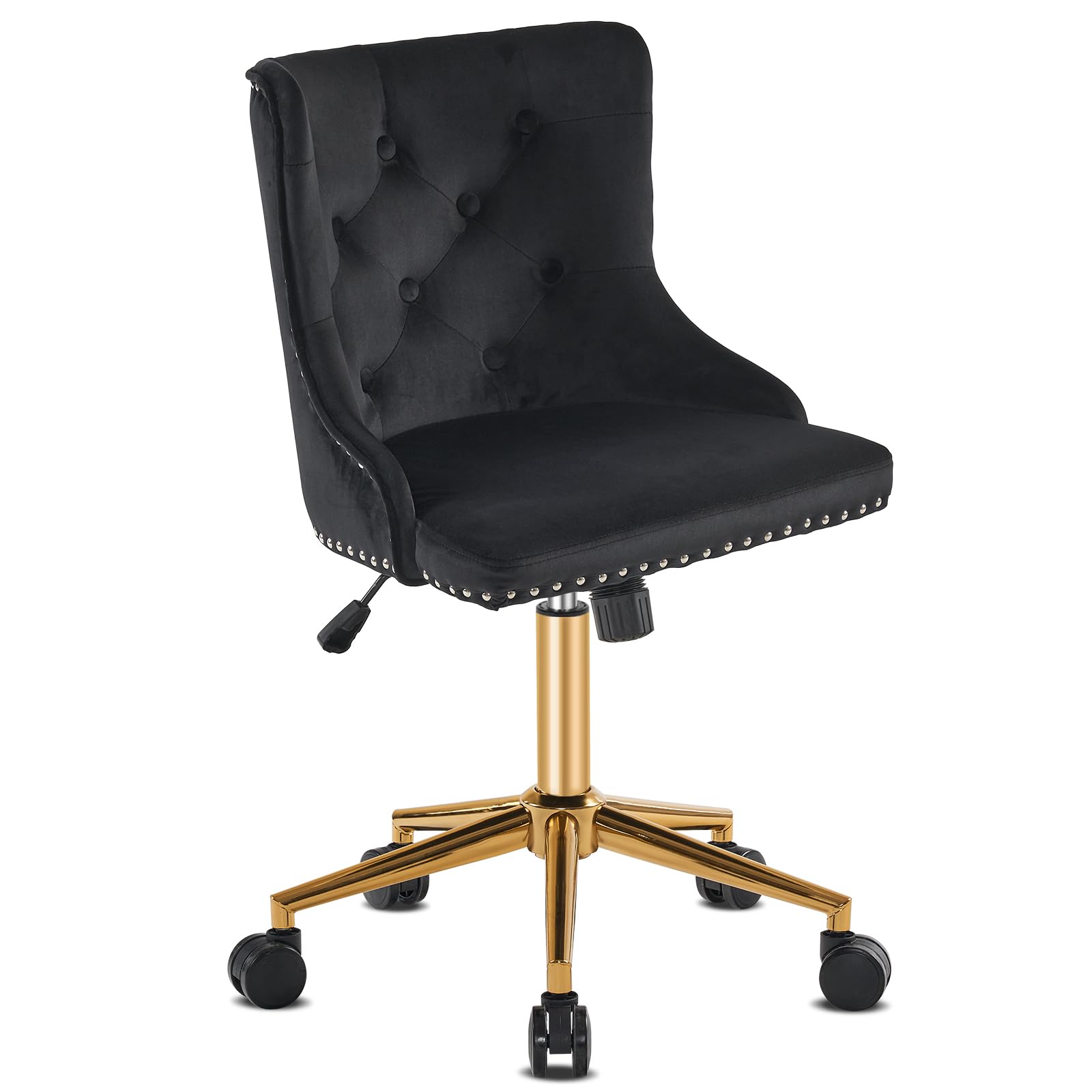 VINGLI Black Velvet Armless Home Office Desk Chair with Gold Base/Wheels, Small Cute Vanity/Makeup Chair with Back for Bedroom, Upholstered Adjustable Rolling Swivel Nail Chair for Women/Girls