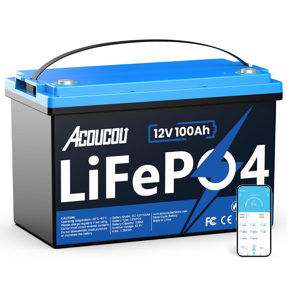 Acoucou 12V 100Ah Bluetooth LiFePO4 Battery, Group 31 Deep Cycle Battery with 100A BMS and 1280Wh Max to 15000 Cycles, Low-Temp Protection&10 Year Lifespan Perfect for RV,Solar System,Trolling Motors