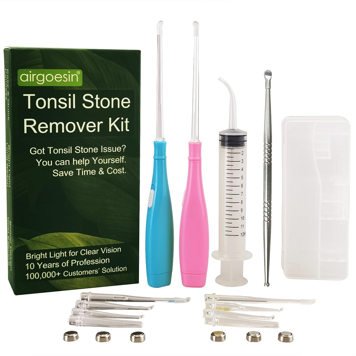 Airgoesin™ 6.75 inch Tonsil Stone Remover LED Tool Kit - 2 Sets, Oral Irrigation Syringe & Stainless Steel Pick, Tonsil Stone Removal Kit for Breath Freshening