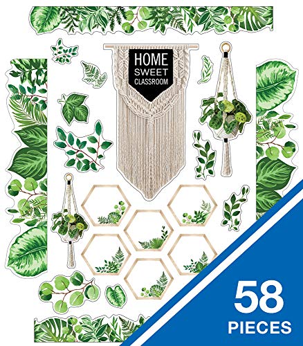 Schoolgirl Style Simply Boho Bulletin Board Set—Home Sweet Classroom Macrame Header, Leaf Border Trims, Hanging Planters, Assorted Leaves, Hexagon Cutouts (58 pc)