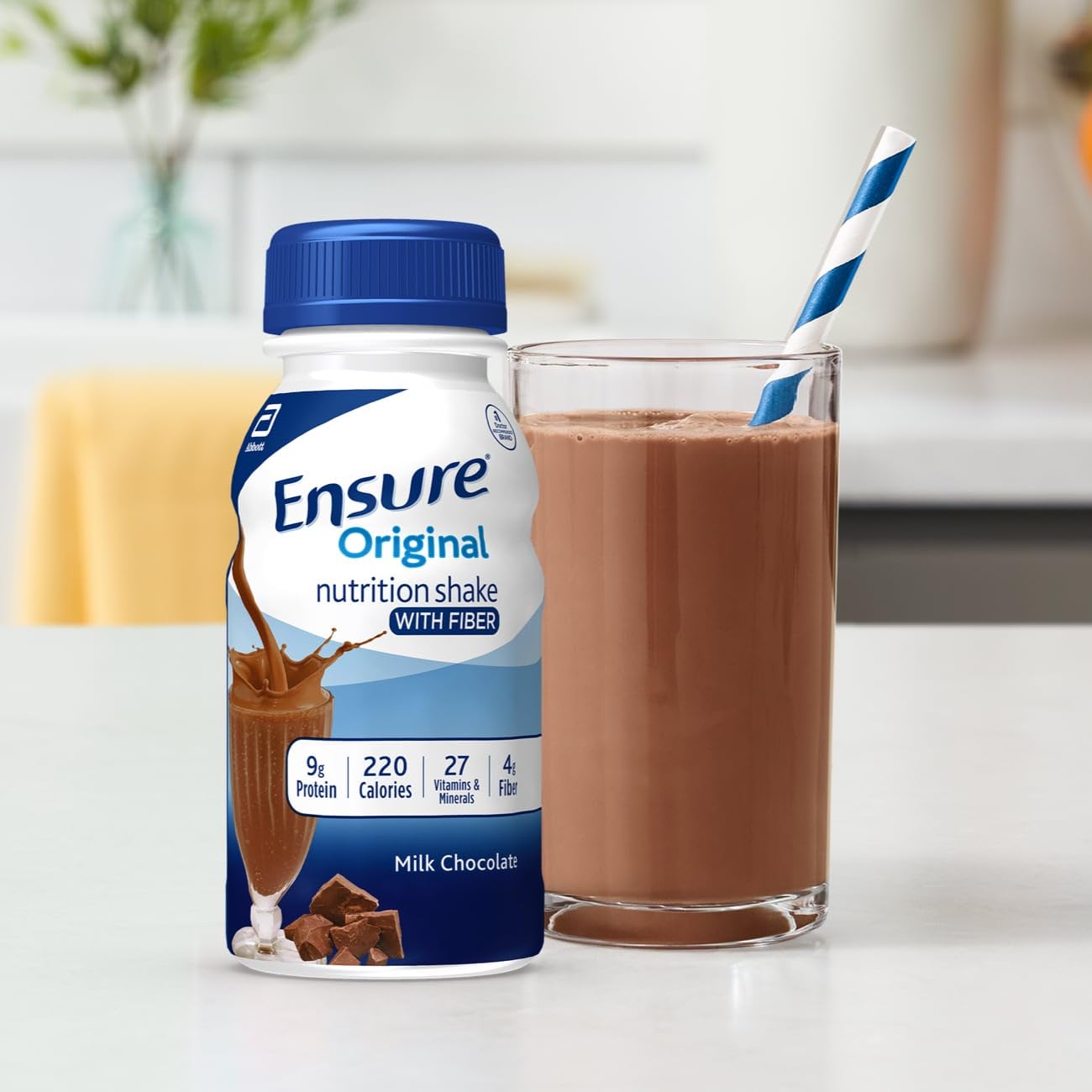 Ensure Original Milk Chocolate Nutrition Shake with Fiber| Meal Replacement Shake | Ready To Drink | 9g Protein, 27 Vitamins and Minerals | 8 fl oz - 24 Pack