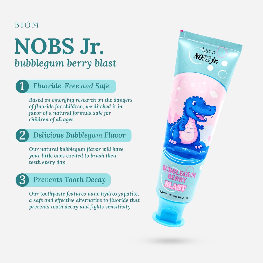 NOBS Jr. Kids Nano Hydroxyapatite Toothpaste – Fluoride Free, SLS-Free, Remineralizing - Dentist Formulated - Bubblegum Berry - Made in The USA