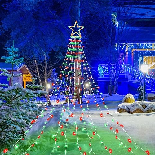 Christmas Decorations Star String Lights, 320 LEDs Outdoor Waterfall Tree Lights with 13" Topper Star, Plug in Waterproof Hanging Fairy Lights for Xmas New Year Holiday Party Yard Patio Decor (Blue)