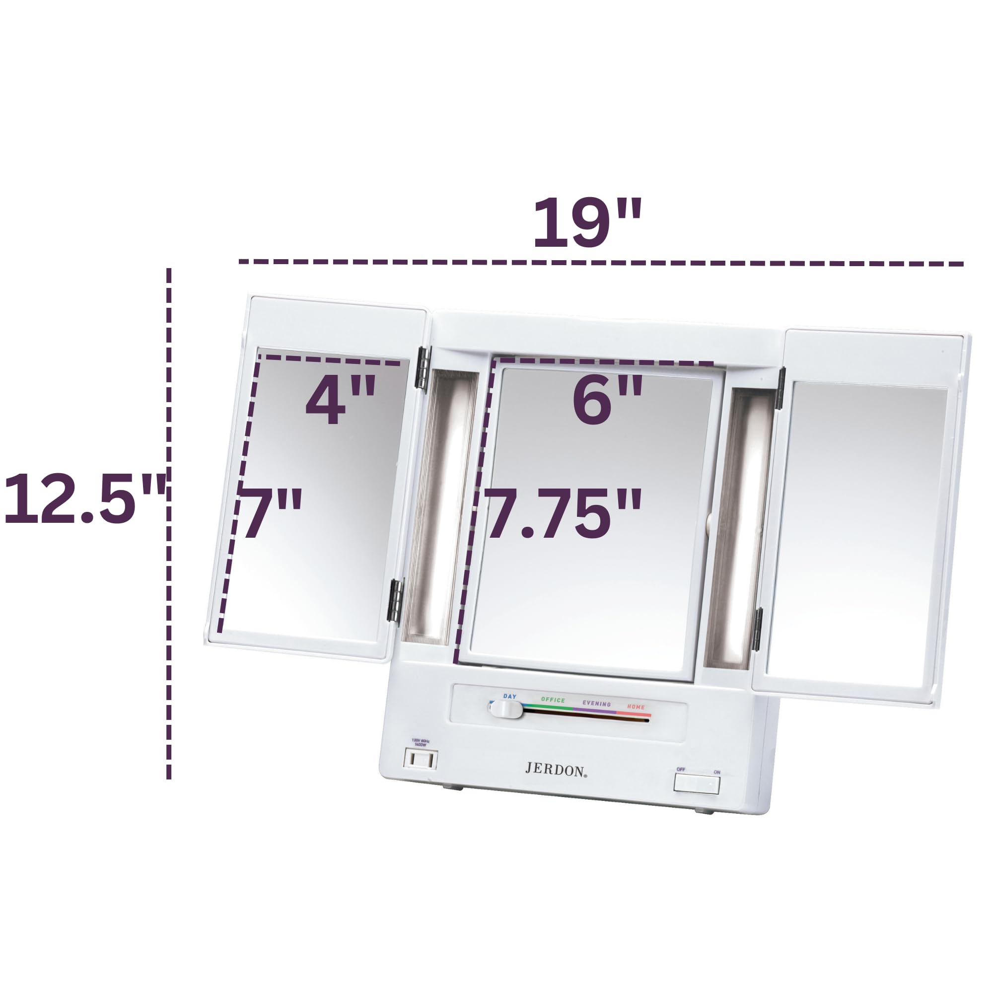 JERDON Tri-Fold Two-Sided Makeup Mirror with Lights - Vanity Mirror with 5X-1X Magnification & Multiple Light Settings - White - Model JGL9W