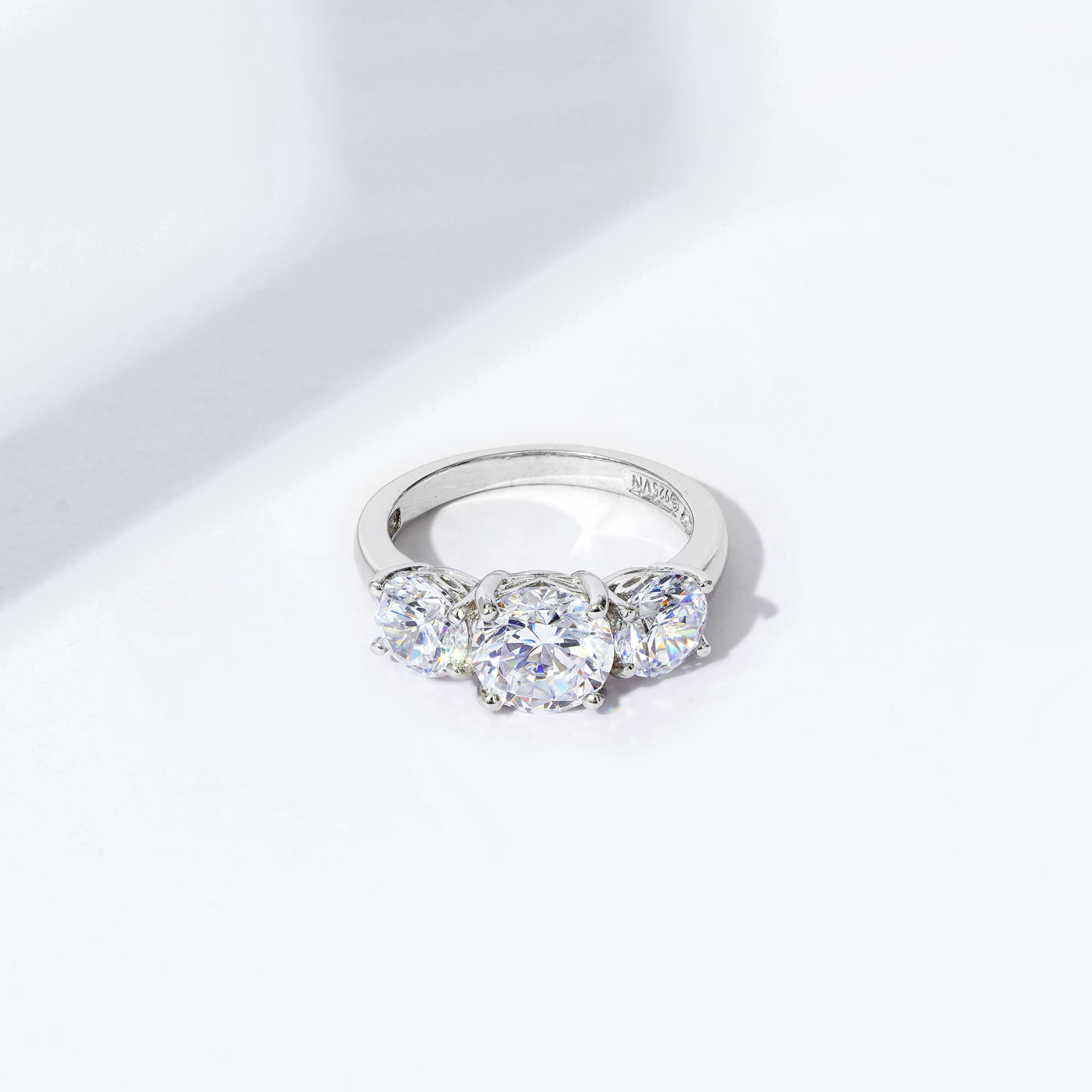 Amazon Essentials Platinum-Plated Sterling Silver Round 3-Stone Ring made with Infinite Elements Cubic Zirconia (4 cttw), Size 5, (previously Amazon Collection)