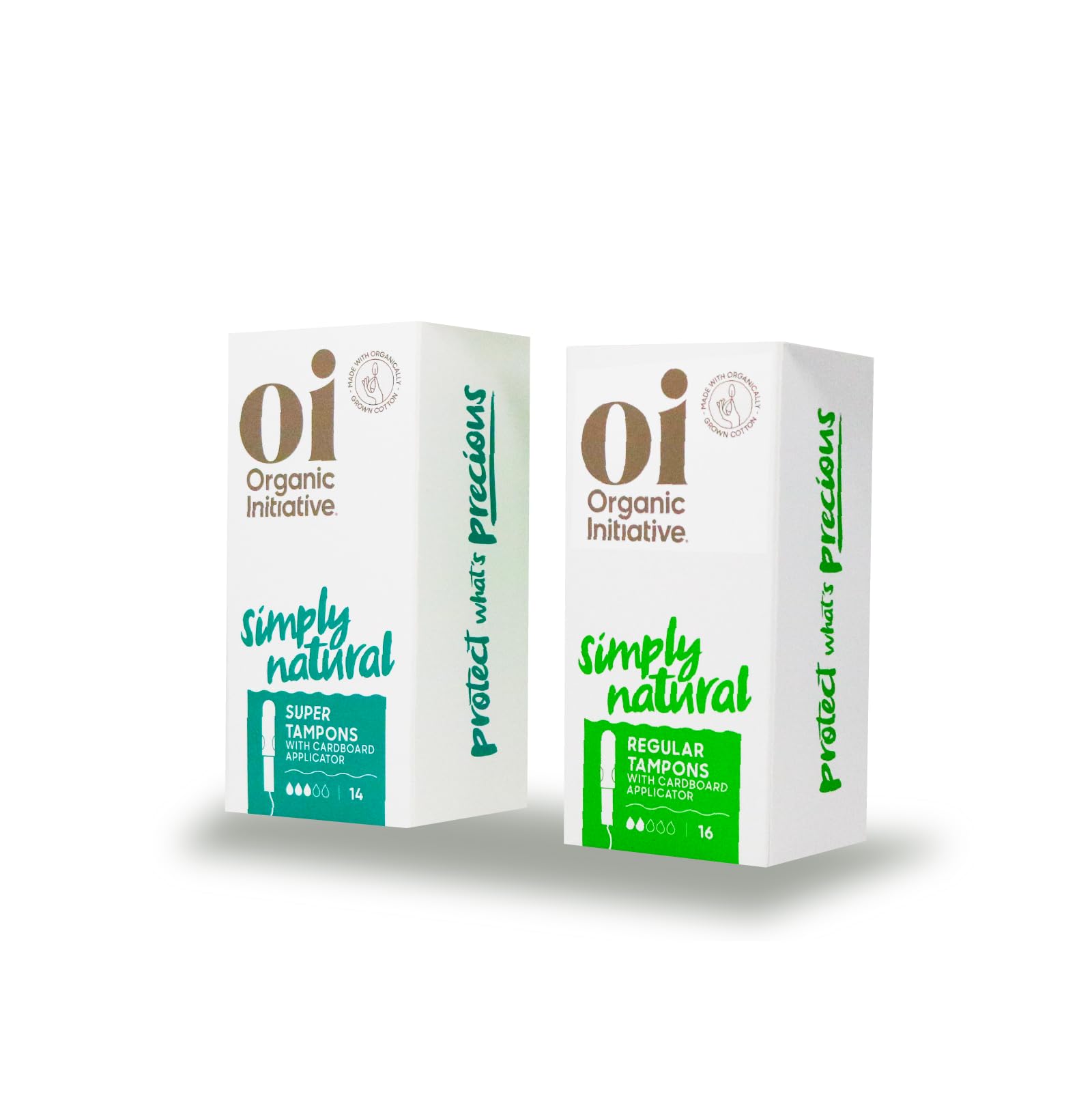 Oi Organic Tampons | Regular/Super Absorbency | 100% Certified Organic Cotton, Unscented | Cardboard Applicator | Leak Free, Easy Grip | 1x14 Super Pack, 1x16 Regular Pack (30 Count)