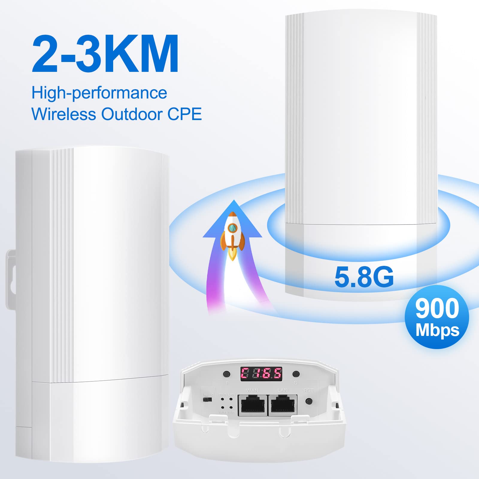 Wireless Bridge Set 900Mpbs 5.8G WiFi Outdoor CPE Point to Point Long Range up to 2-3KM CPE200 with 12dBi High-Gain Antenna，24V PoE Power, IP65 Waterproof,2-Pack, White