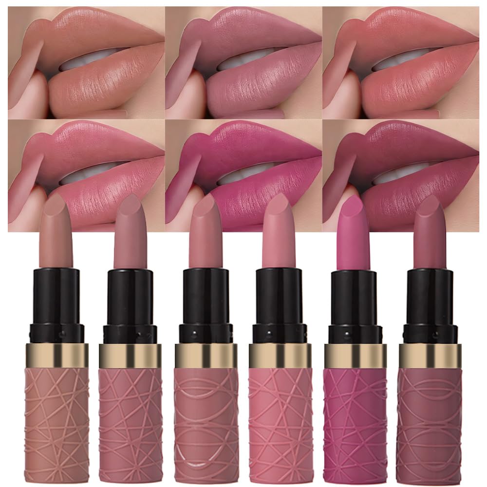 evpct 6Pcs Nude Brown Pink Purple Rose Red Mauve Matte Lipstick Sets for Women Velvet Lipstick Long Lasting Waterproof 24 Hours Lip Stick Stain Makeup Gift Sets labiales mate 24 horas originales A