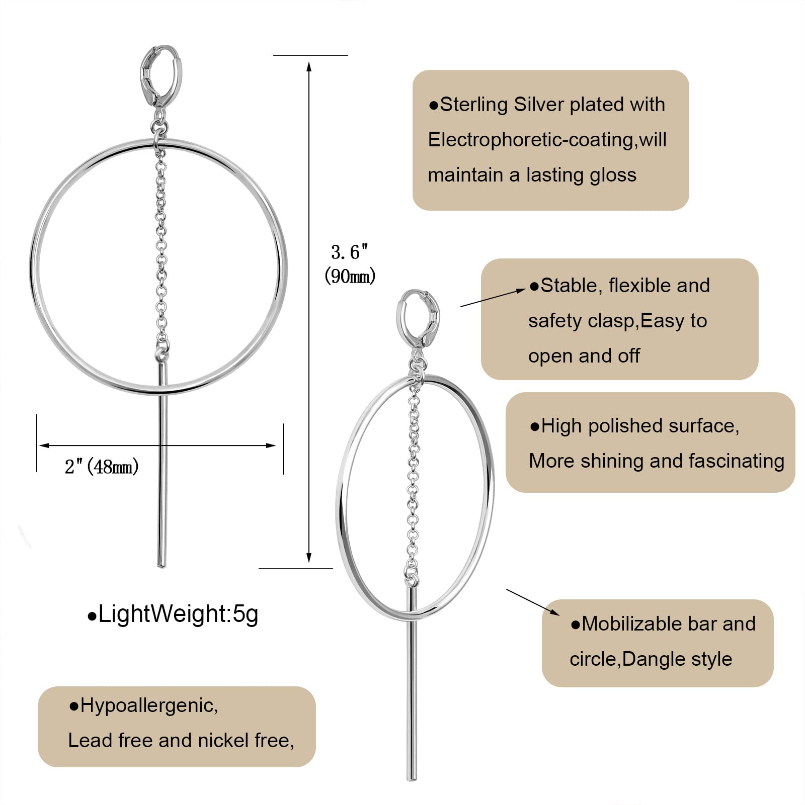 Silver Plated Dangle Hoop Earrings for Women, Cute Earrings with Dangly Bar Valentines Day Jewelry Gifts for Women Girls