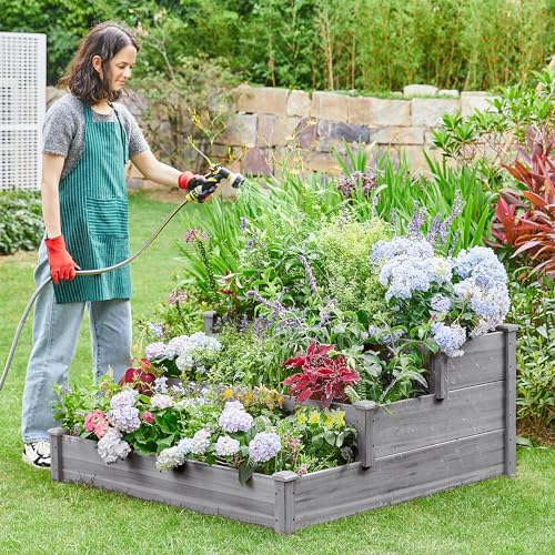 Yaheetech 3 Tier 47 x 47 x 22in Raised Garden Bed Horticulture Outdoor Elevated Flower Box Tiered Garden Bed Wooden Vegetables Growing Planter for Backyard/Patio/Gardener, Gray